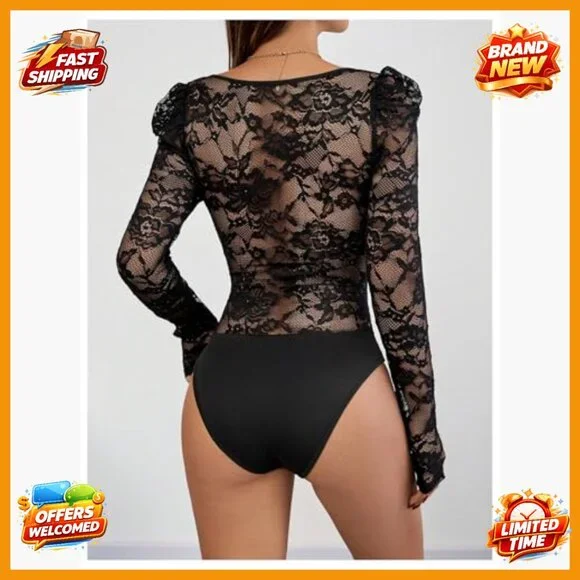 Floral Lace Long Sleeve V Neck Corset Mesh Leotard Bodysuit Medium
